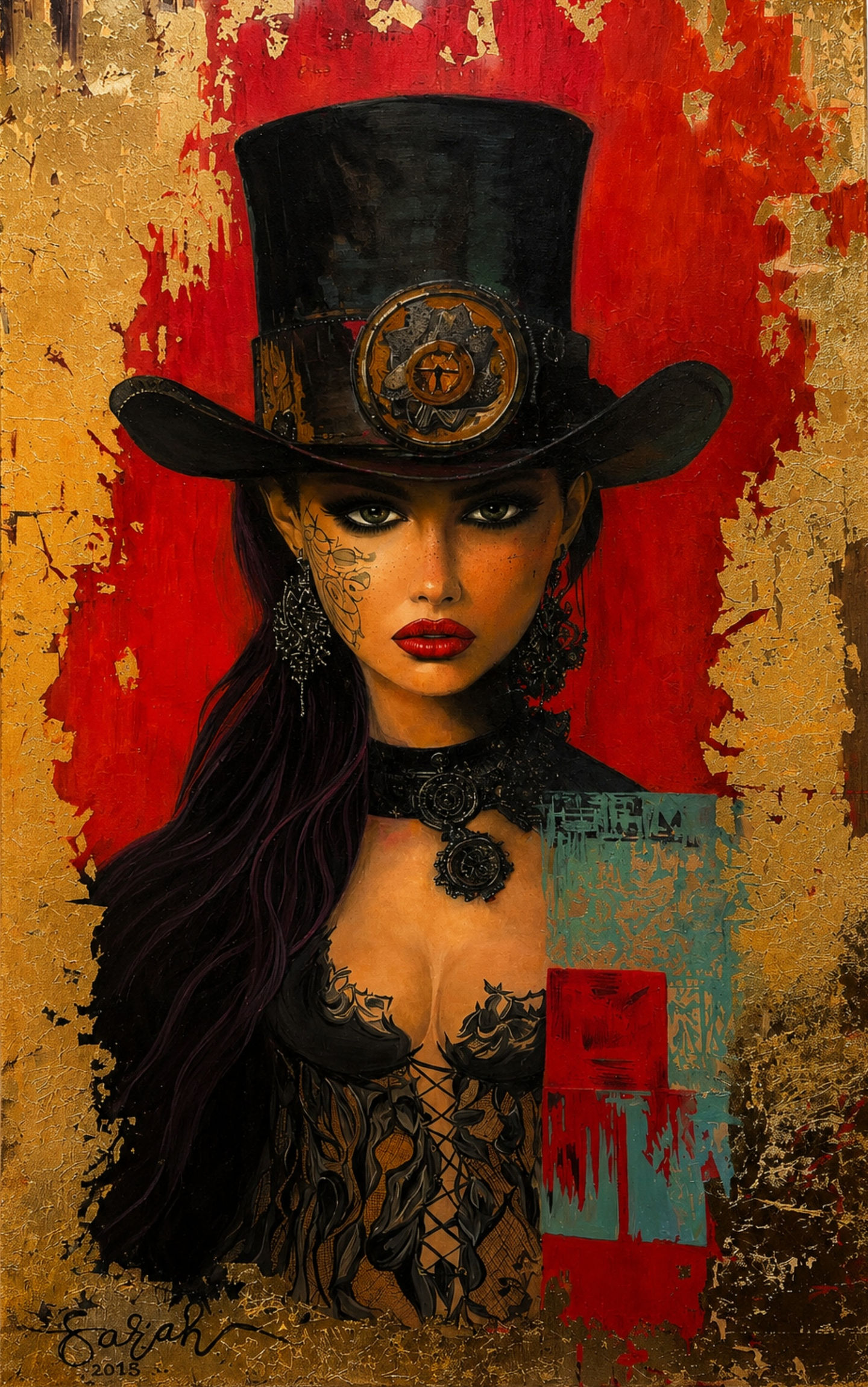 Crimson Empress original contemporary female portrait painting by Sarah Art Gallery with a dramatic black hat, red background, gold accents, and regal feminine expression.