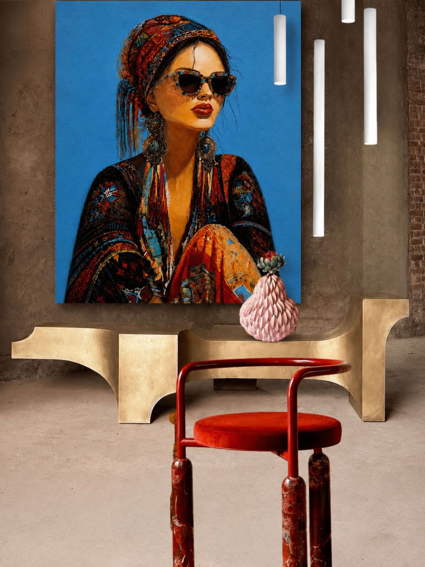 Bohemian Grace painting by Sarah Art Gallery displayed in a warm bohemian interior with patterned furniture and soft gallery-style lighting.