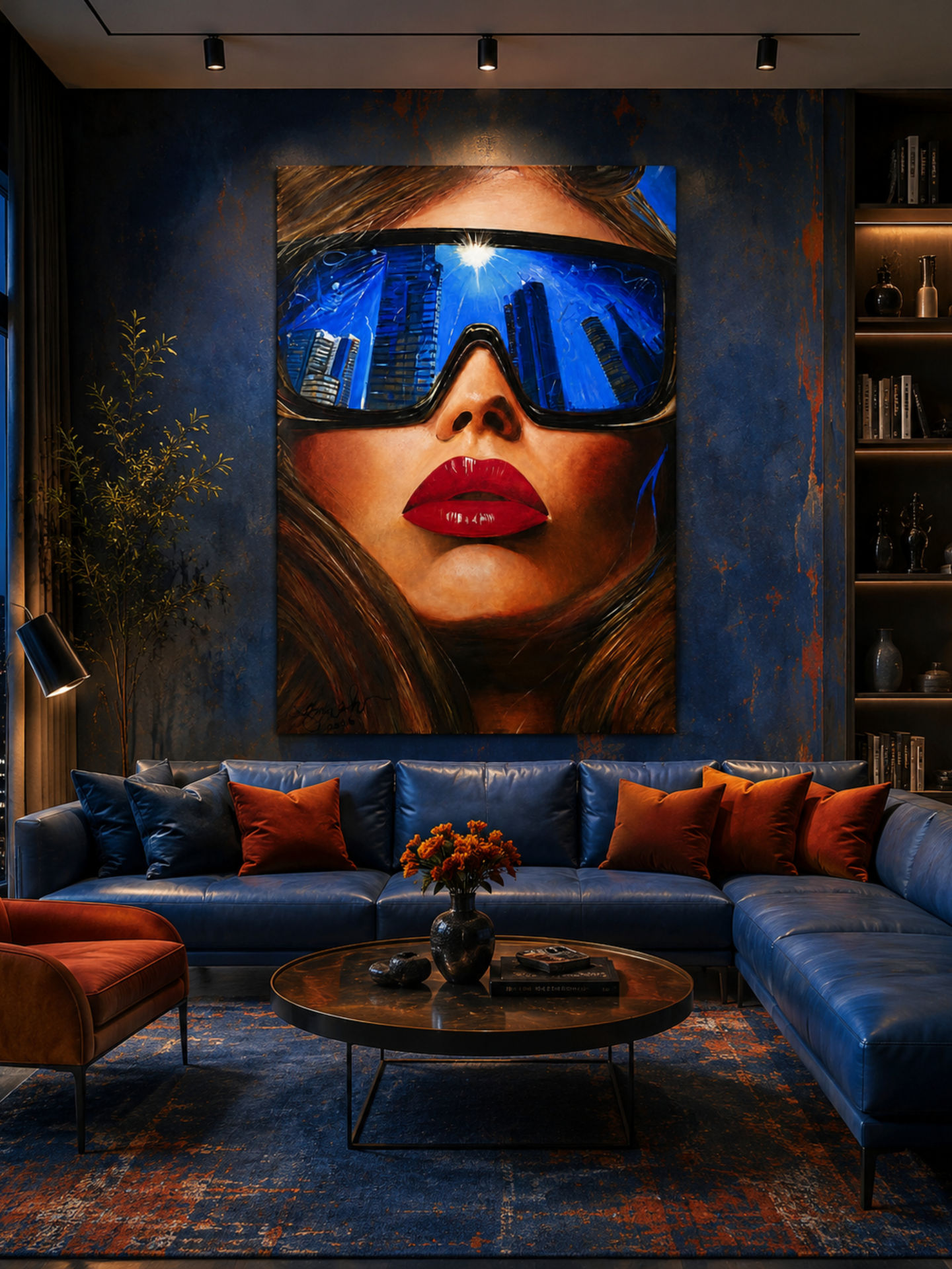 Urban Mirage painting displayed in a bright modern interior with blue decor, red accents, and a bold contemporary female portrait.