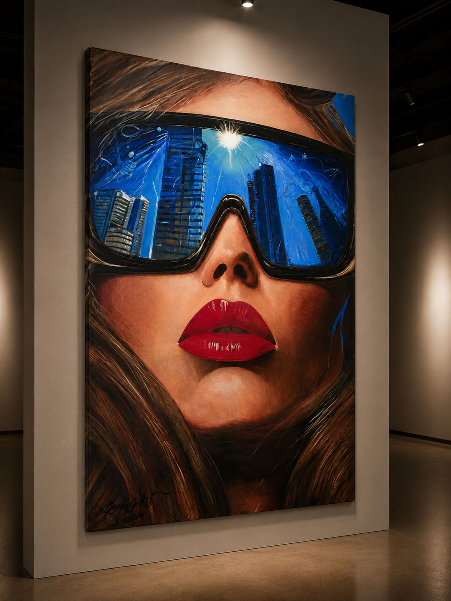 Side angle view of Urban Mirage canvas painting displayed on a gallery wall, showing artwork depth, blue sunglasses, and warm lighting.