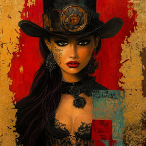 Crimson Empress original contemporary female portrait painting by Sarah Art Gallery with a dramatic black hat, red background, gold accents, and regal feminine expression.