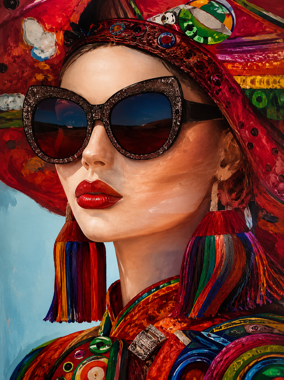 Scarlet Mirage original contemporary female portrait painting by Sarah Art Gallery with red tones, sunglasses, fashion-inspired details, and modern feminine confidence.