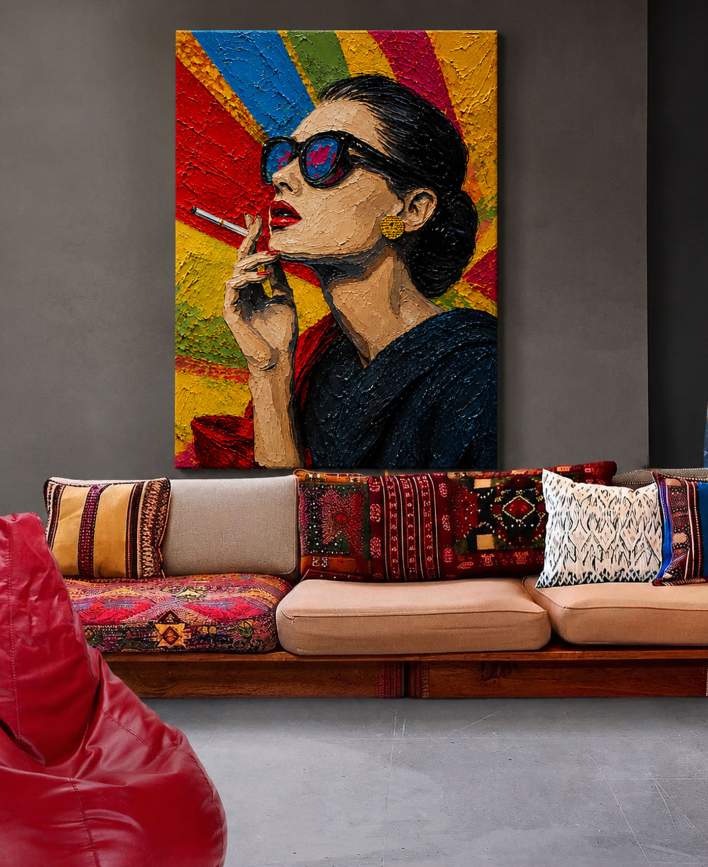 Smoke in Color painting displayed in a modern interior with colorful decor, bold portrait artwork, and elegant gallery-style presentation.