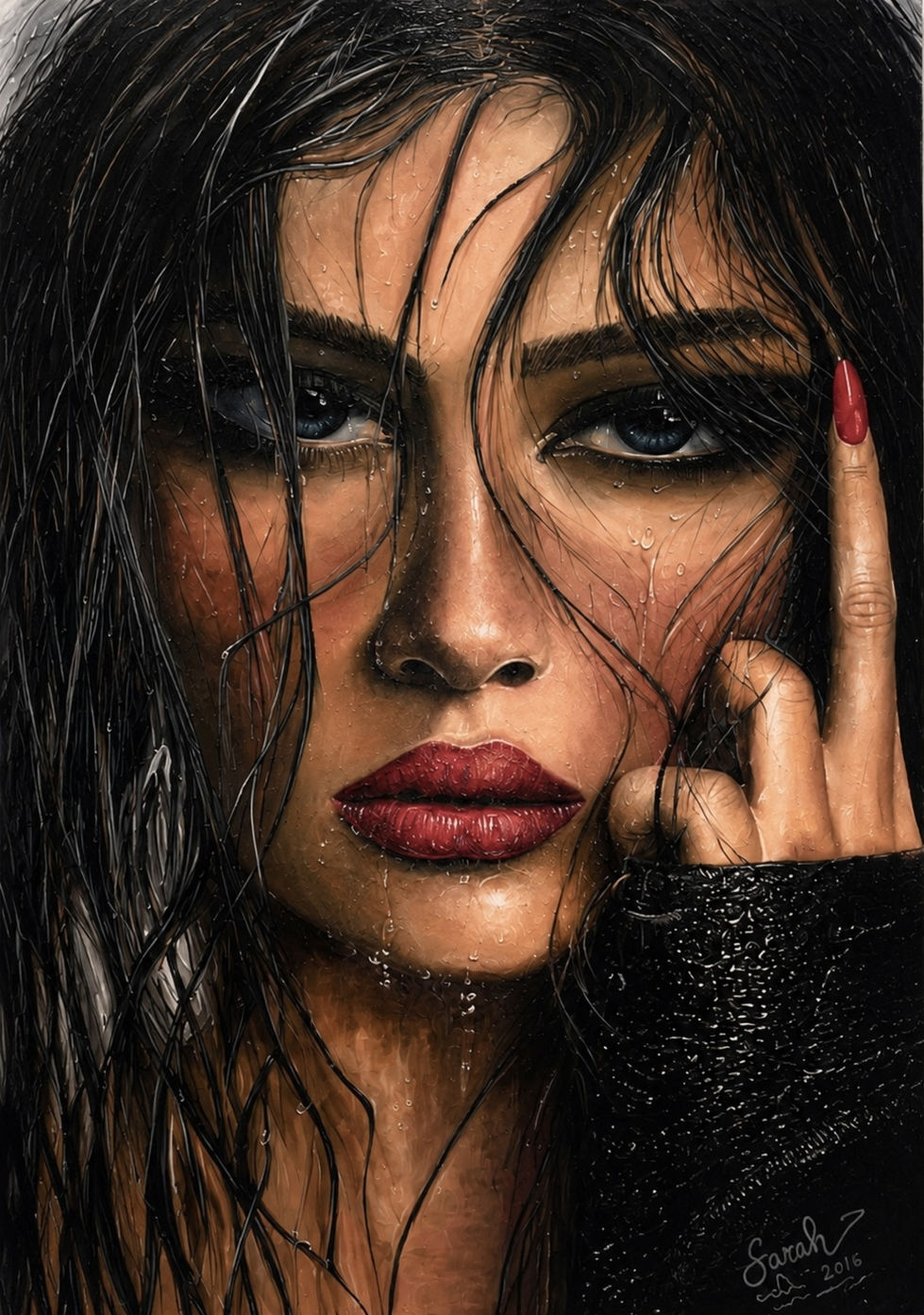 Midnight Defiance original contemporary female portrait painting by Sarah Art Gallery with dark tones, intense eyes, red lips, and bold emotional expression.