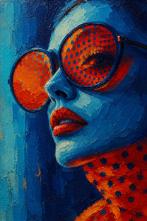 Pop Mirage original contemporary pop art portrait painting by Sarah Art Gallery with vivid blue tones, orange sunglasses, red lips, and bold feminine expression.