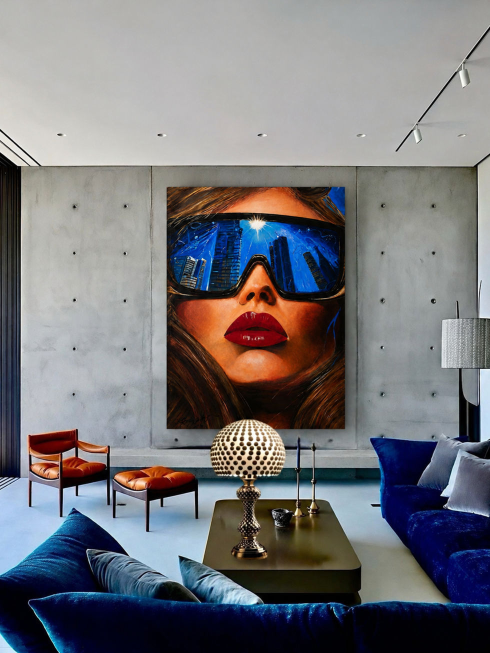 Urban Mirage painting displayed in a modern interior with blue and orange decor, creating a bold contemporary gallery-style statement.
