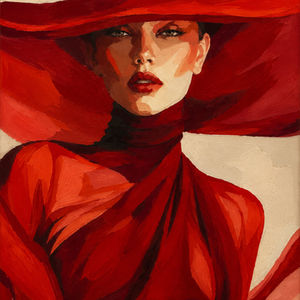 Crimson Elegance original contemporary female portrait painting by Sarah Art Gallery with rich red tones, dramatic hat, and elegant feminine expression.
