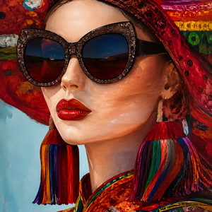 Scarlet Mirage original contemporary female portrait painting by Sarah Art Gallery with red tones, sunglasses, fashion-inspired details, and modern feminine confidence.