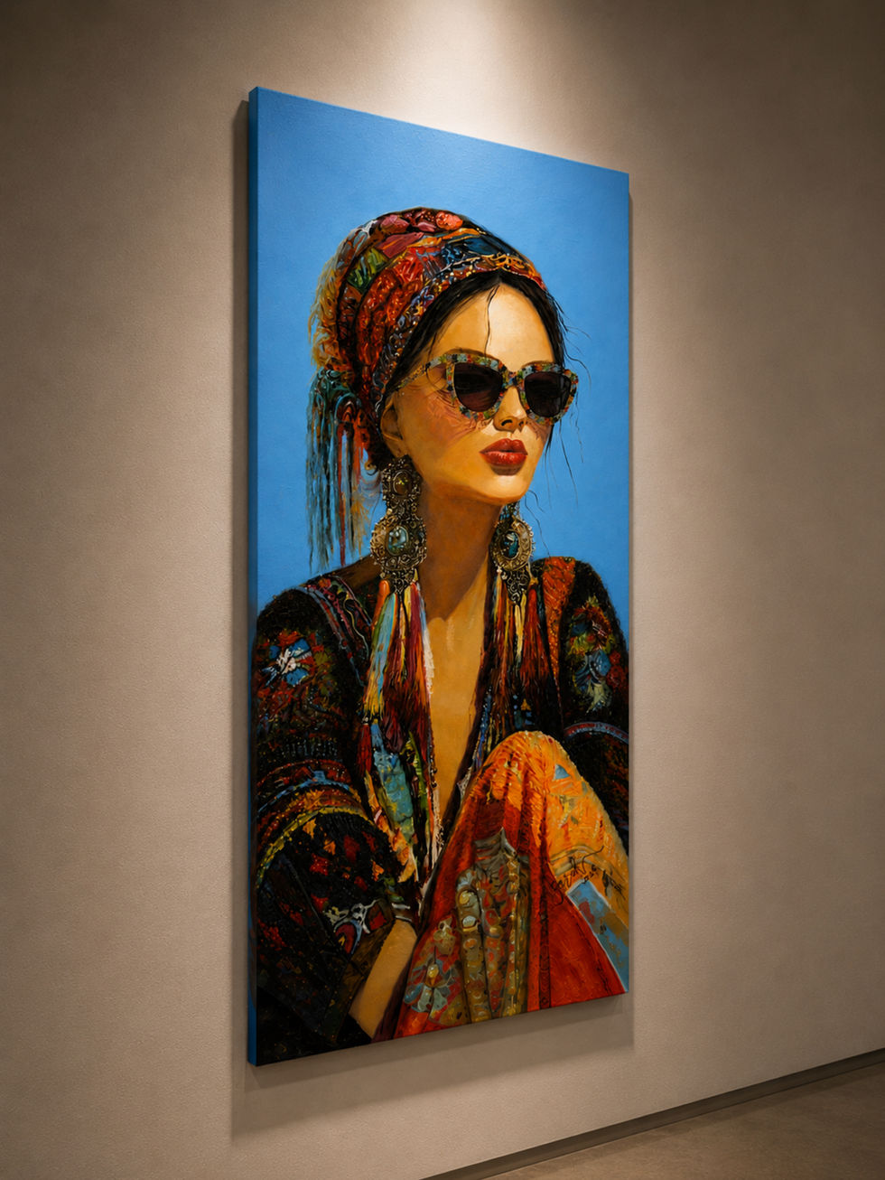Side angle view of Bohemian Grace canvas painting showing the artwork depth, texture, and wall display.