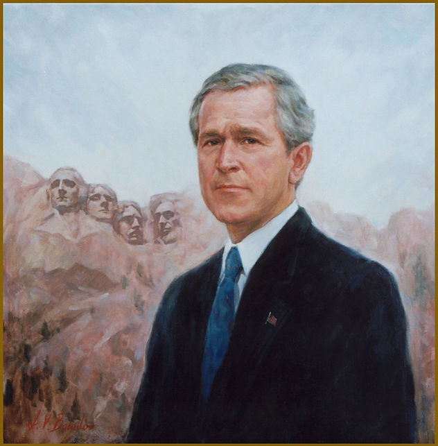 Official Portrait of President George W. Bush, by portrait artist Igor Babailov. Commissioned to Igor Babailov on the occasion and on behalf of the G8 Summit 2002. Collection: George W. Bush Presidential Library. Portraits of President Bush. Official portraits.