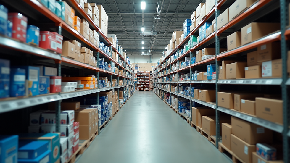 Eye-level view of a B&Q store aisle filled with plumbing supplies
