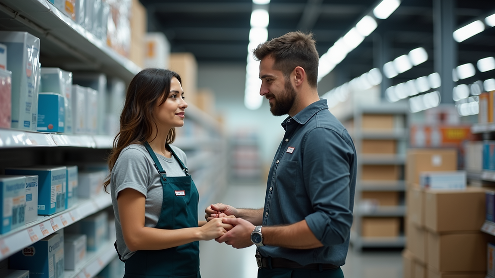 Close-up of a store employee assisting a customer with plumbing product selection