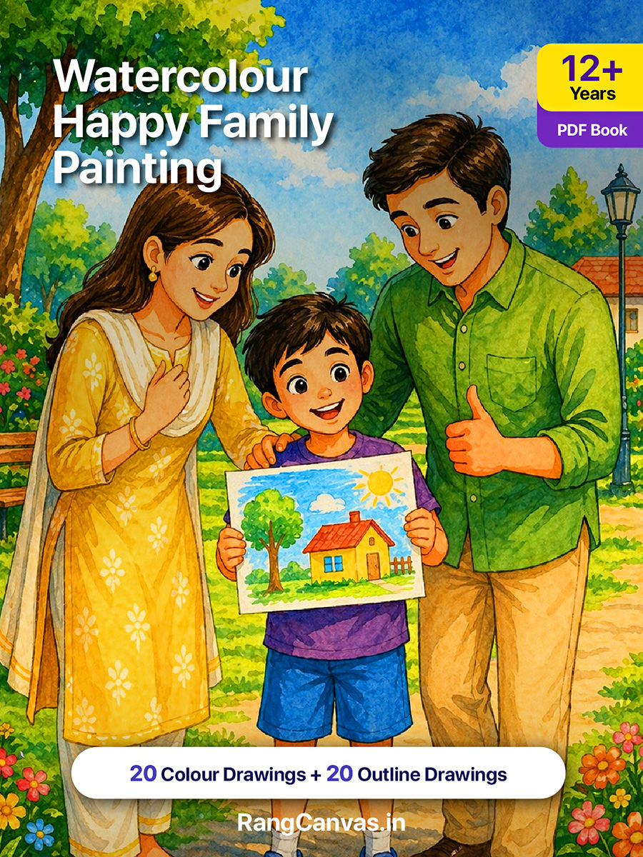 RangCanvas Watercolour Happy Family Painting AI-generated static digital drawing book cover featuring parents appreciating a child’s artwork in a garden, grand parents, mother and child with 20 colour paintings and 20 outline drawings for students aged 12+.