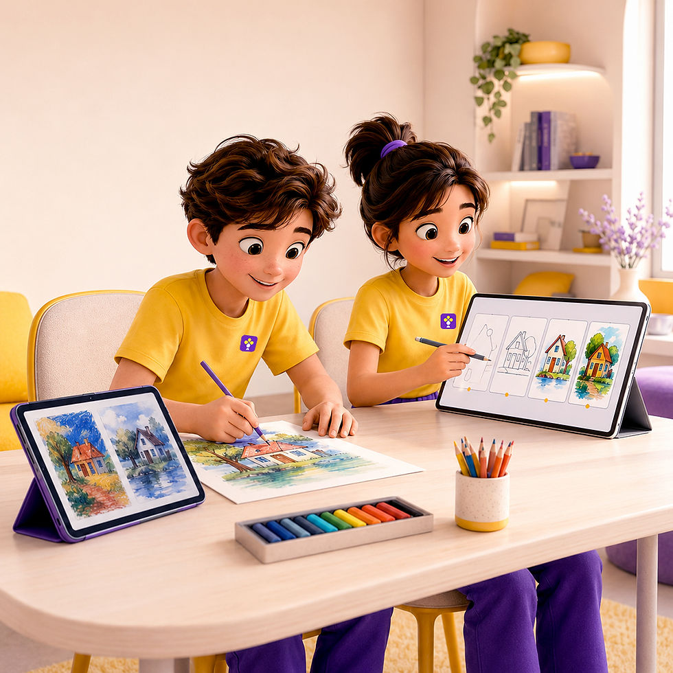 Kids and students learning drawing with RangCanvas static and AI-guided digital drawing books