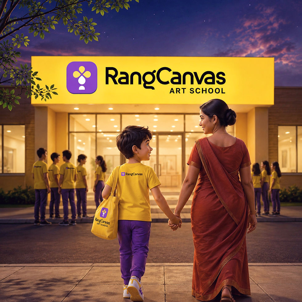 Student wearing yellow RangCanvas uniform walking with mother towards RangCanvas Art School entrance at sunset, structured art education environment in Kolkata with modern creative learning campus.