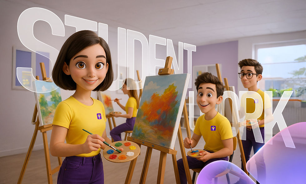 RangCanvas Art School students painting at easels inside an art studio with large text ‘Student Work’.