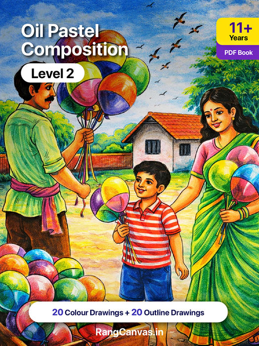 RangCanvas Oil Pastel Composition Level 2 AI-generated static digital drawing book cover featuring balloon seller scenery with 20 colour drawings and 20 outline drawings for students aged 11+.