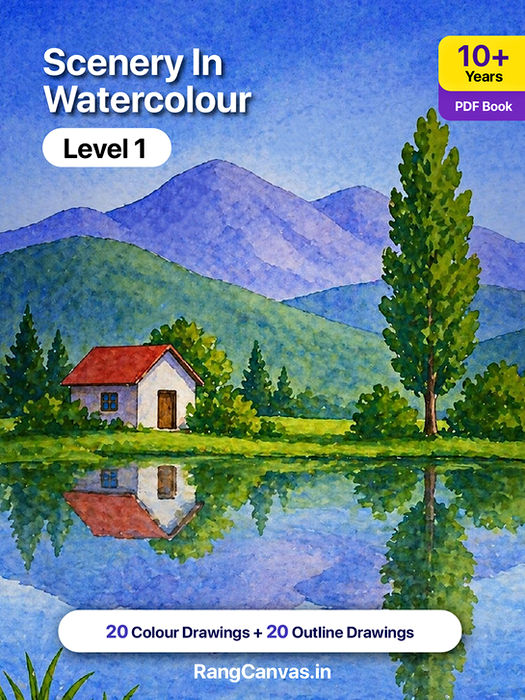 RangCanvas Scenery In Watercolour Level 1 AI-generated static digital drawing book cover featuring a peaceful lake, mountain, small house and water reflection with 20 colour paintings and 20 outline drawings for students aged 10+.