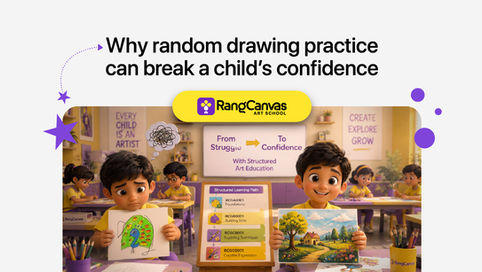 Difference for random art lesson vs structured art lesson, two child is showing their art progress one is random one is structured art learner, RangCanvas Art School Structured Art Curriculum 