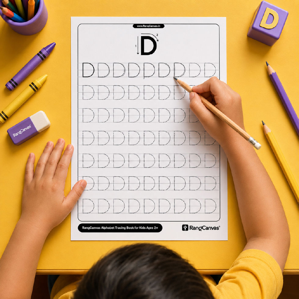 RangCanvas Alphabet Tracing Book for Kids featuring a Kids is practicing alphabet "D" hand writing