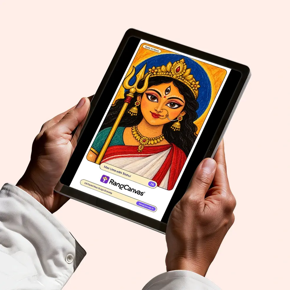 Maa Uma with Trishul oil pastel drawing from RangCanvas digital art book displayed on a tablet
