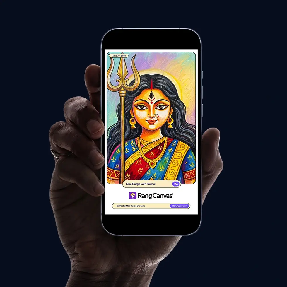 Maa Durga oil pastel drawing digital book displayed on a mobile phone for easy art practice