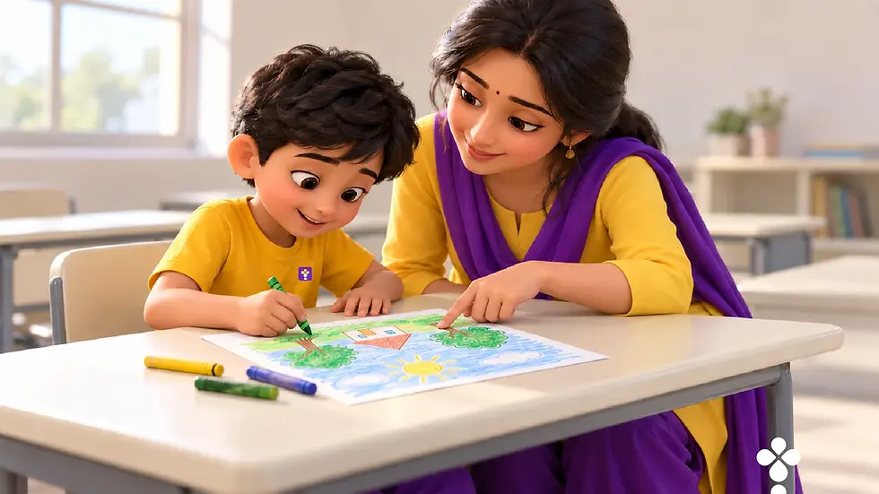 A teacher guiding a child through a simple drawing exercise. RangCanvas Art School Structured at education.