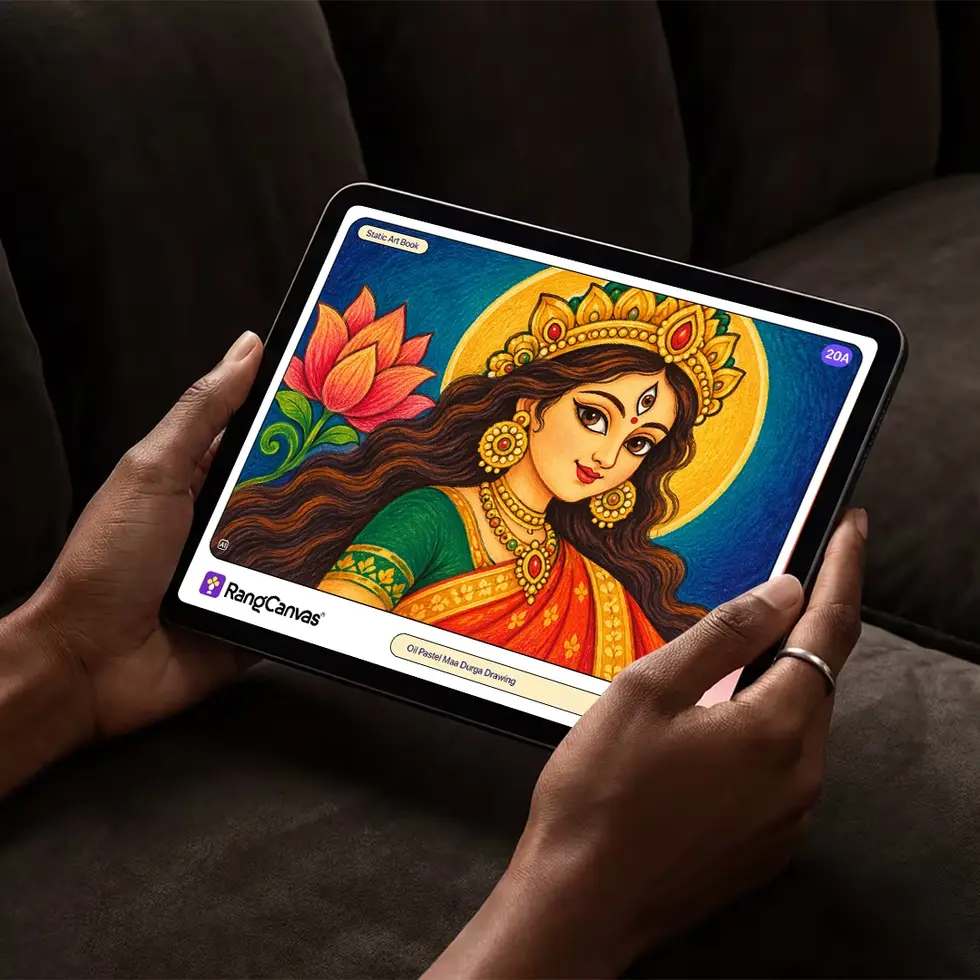 Maa Gauri oil pastel drawing from RangCanvas Maa Durga digital drawing book viewed on a tablet
