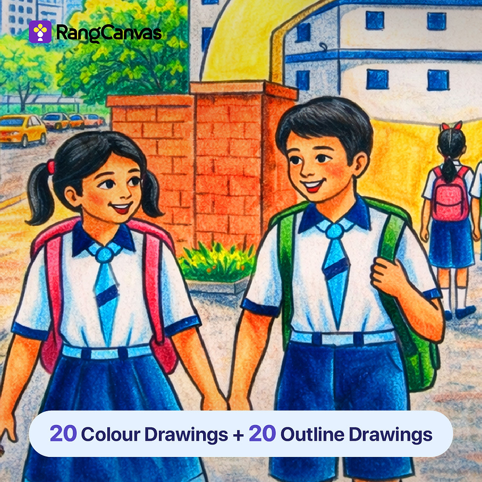 RangCanvas Student Oil Pastel Level 1 Drawing Book featuring school student in front of school