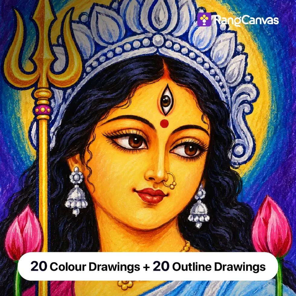 Oil pastel Maa Durga drawing from RangCanvas Level 1 digital art book with 20 colour and 20 outline drawings