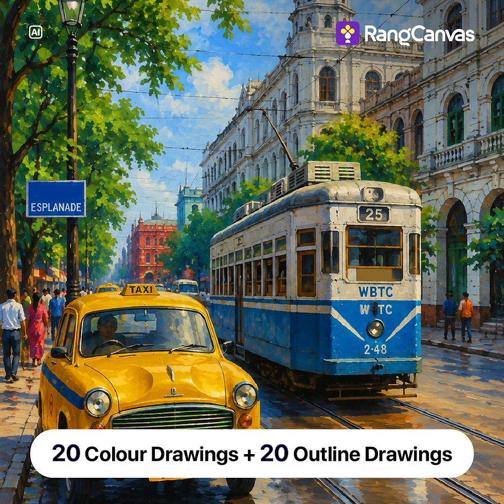 Indian City Acrylic Painting digital book cover featuring Kolkata Tram Street with yellow taxi and heritage buildings