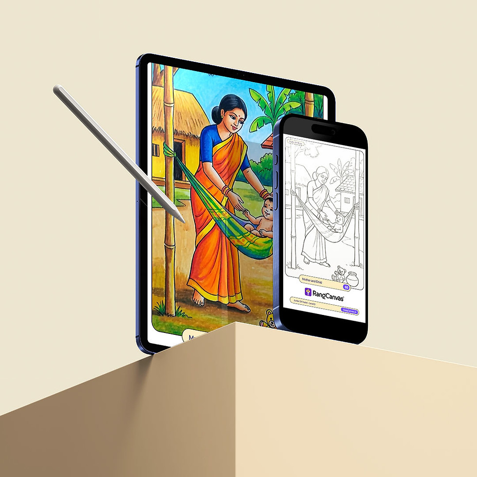 RangCanvas Junior Oil Pastel Level 3 AI-generated static digital drawing book cover featuring Mom and child