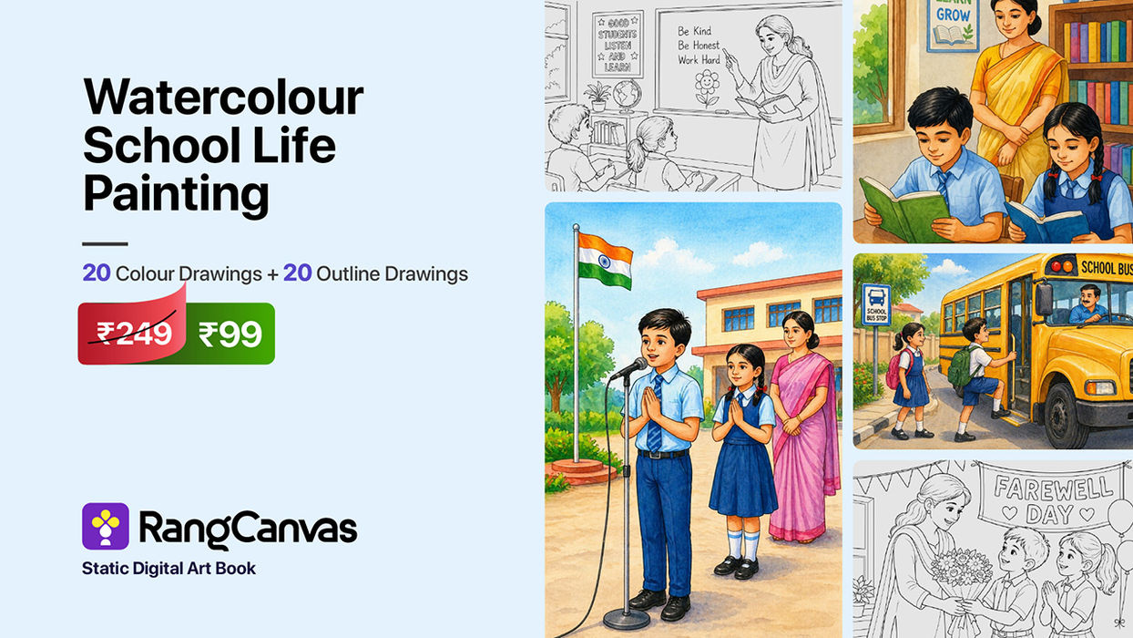 RangCanvas Watercolour School Life Painting AI-generated static digital drawing book cover featuring students in morning assembly with a teacher and Indian flag, teacher teaching students, school bus painting, farewell day painting