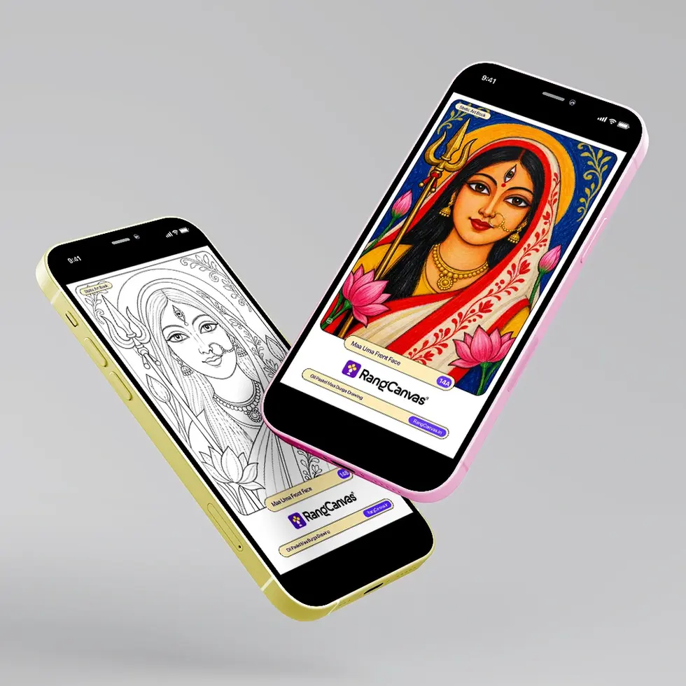 Maa Durga colour drawing and matching outline drawing displayed on mobile phones in RangCanvas digital art book