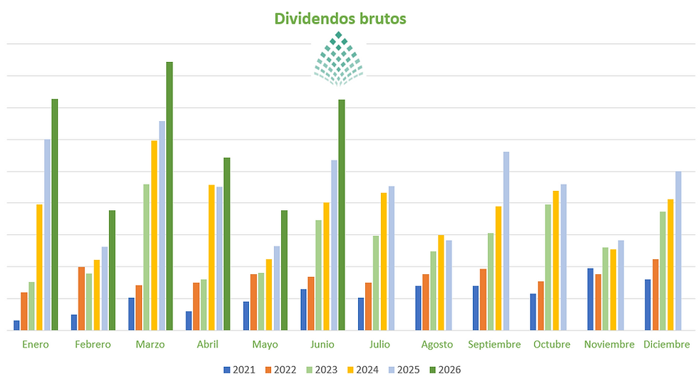 cantidad de dividendos brutos cobrados por mes a lo largo de los años