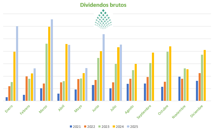 cantidad de dividendos brutos cobrados por mes a lo largo de los años