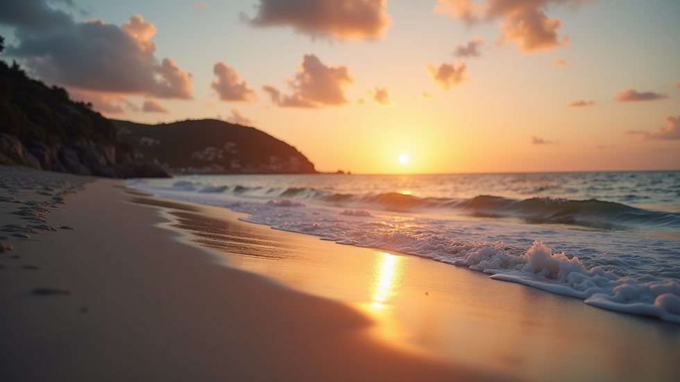 Wide angle view of a serene beach at sunset