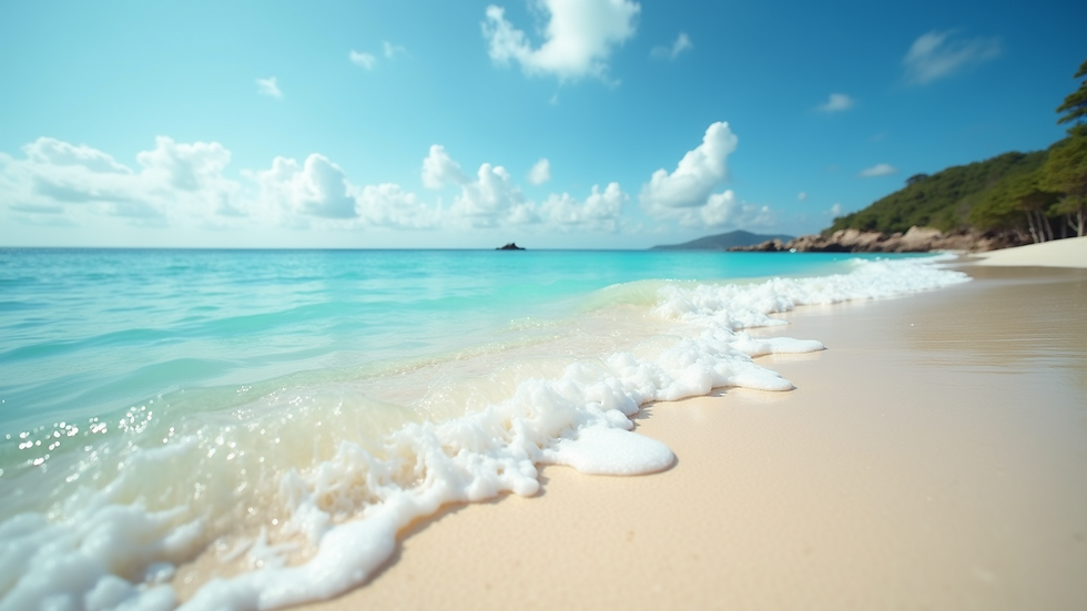 Eye-level view of a serene beach with clear blue water