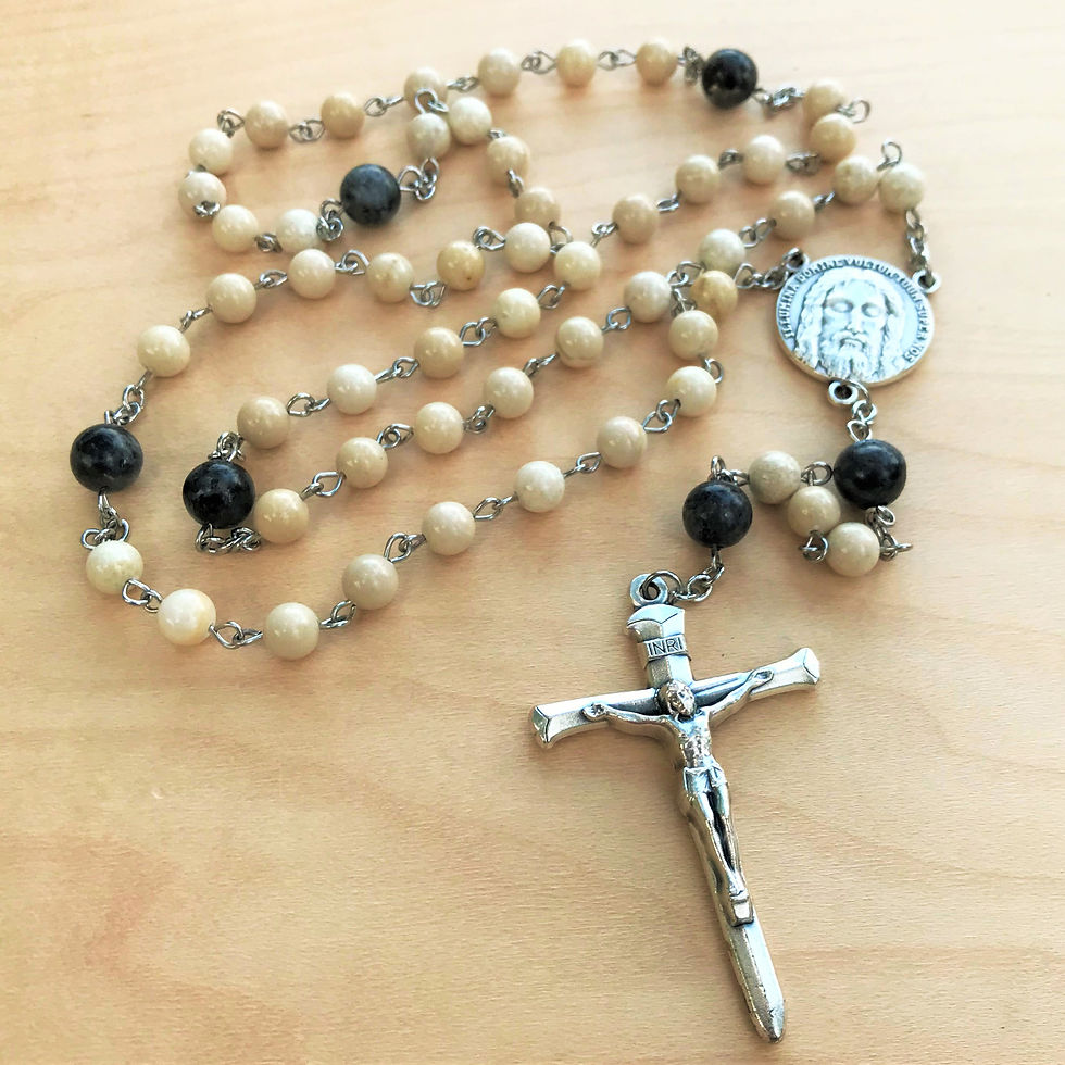 Thumbnail: Blessed Redemption Rosary by Born Again Rosaries with Limestone, Black Labradorite, and Holy Face Center