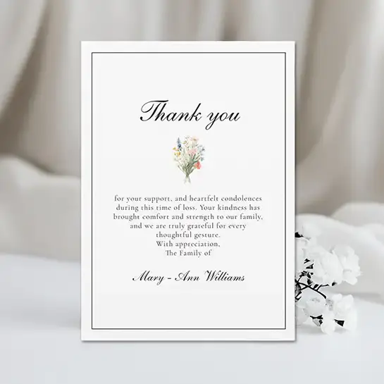 Minimalist wildflower funeral thank you card in neutral beige without a photo