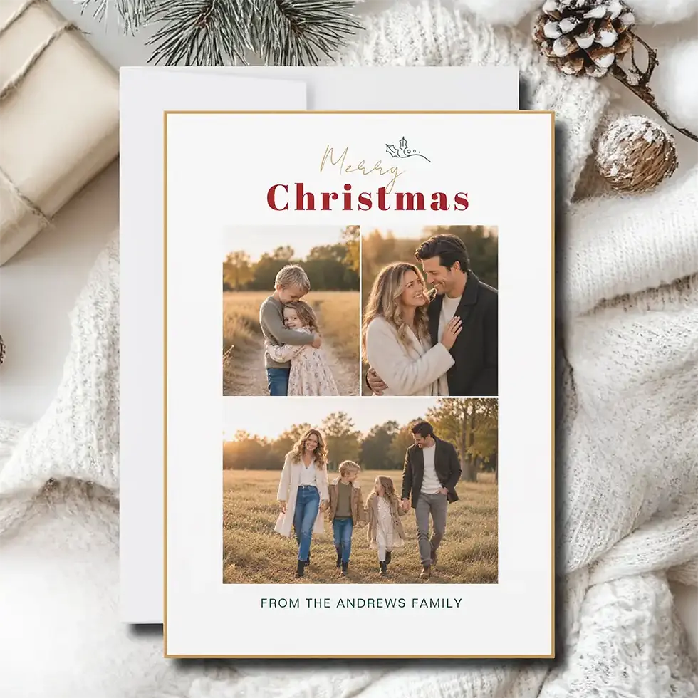 Modern mistletoe Christmas photo card with four family photos. Print & Instant Download