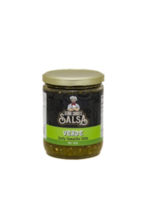 A jar of Senor Smokes Verde Salsa, Zesty Tomatillo Chile.  The label is a light green color with the Senor Smokes logo.