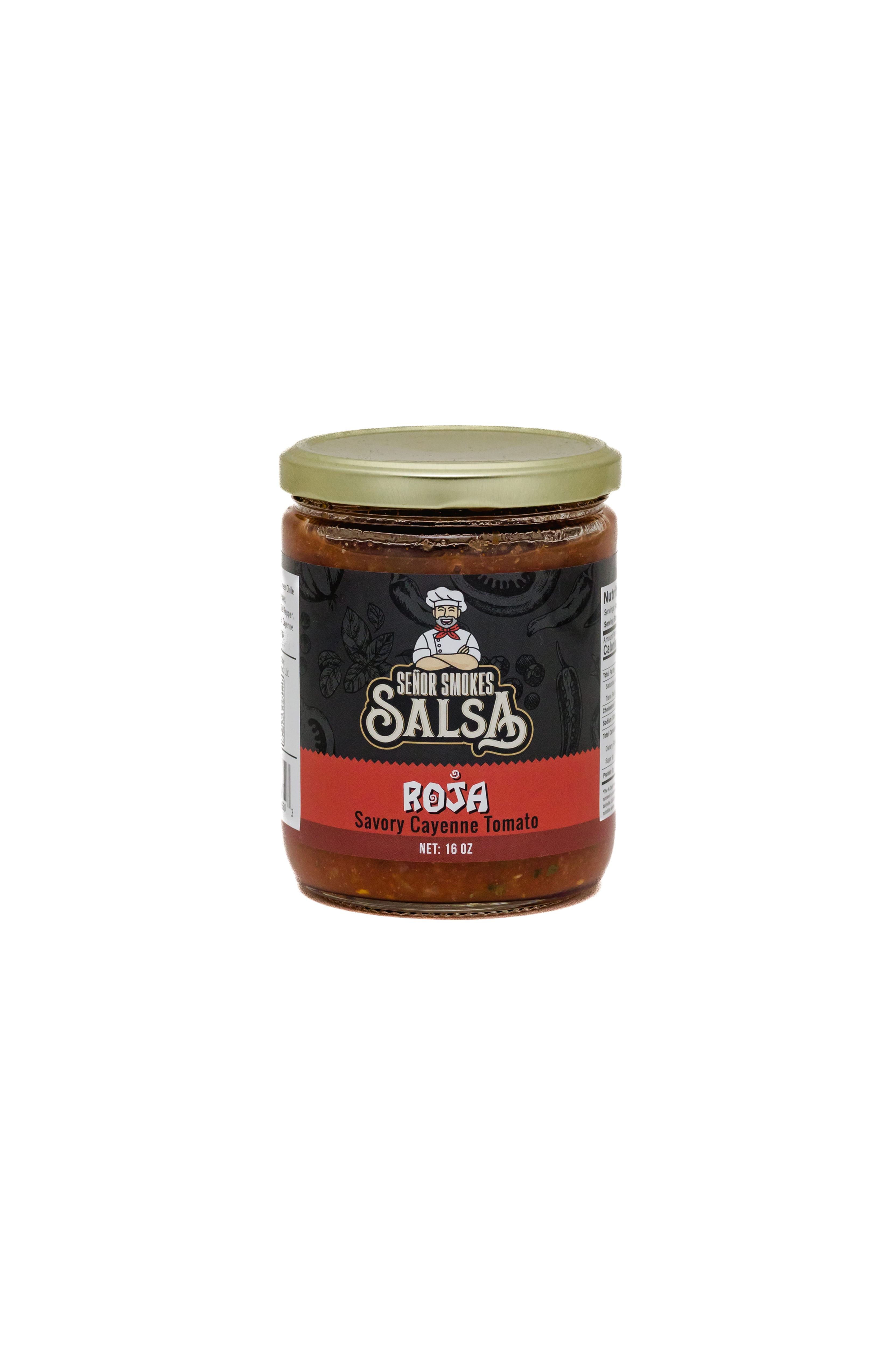 A jar of Senor Smokes Roja Salsa, Savory Cayenne Tomato.  The label is a red color with the Senor Smokes logo.