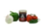 A jar of Senor Smokes Roja salsa surrounded  by vegetables like white onion, bell pepper, tomatoes and serrano peppers.