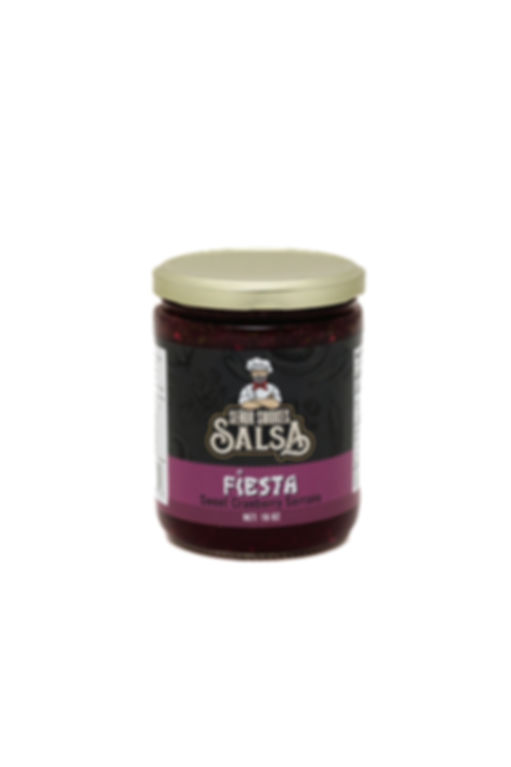 A jar of Senor Smokes Fiesta Salsa, Sweet Cranberry Serrano.  The label is a purple color with the Senor Smokes logo.