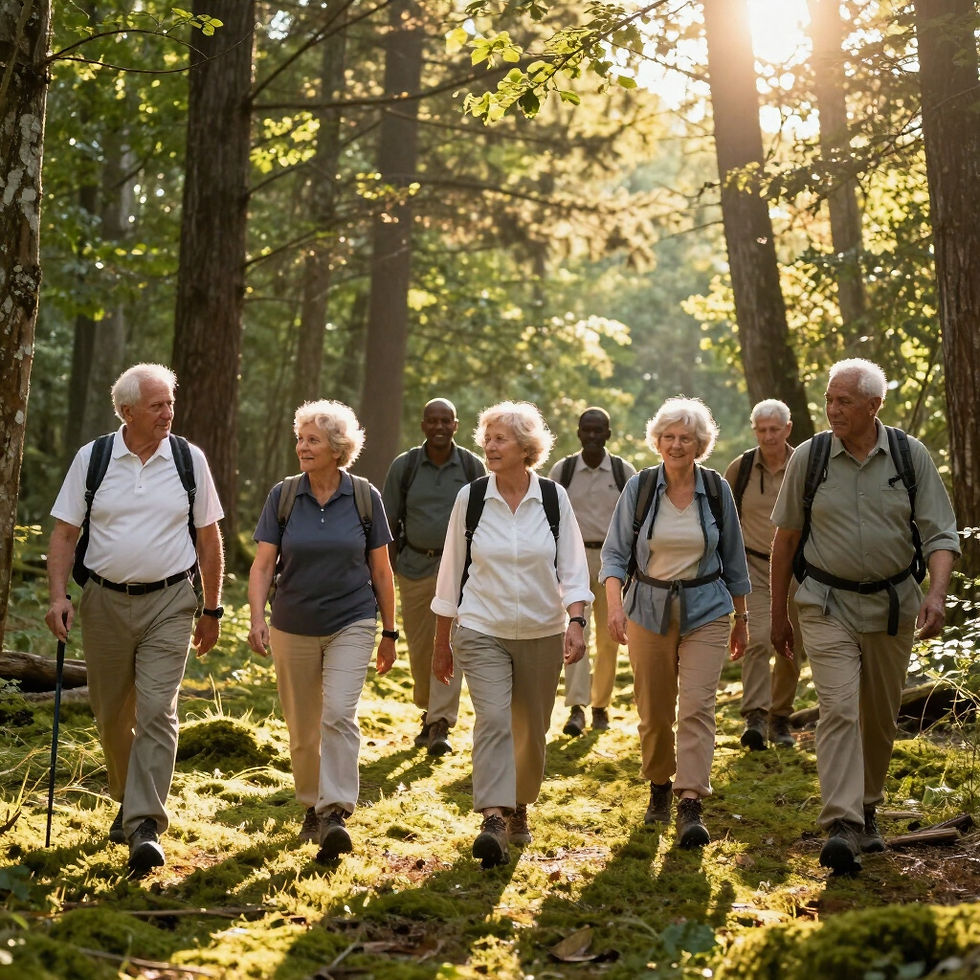 Seniors hiking with a veteran non profit in the woods