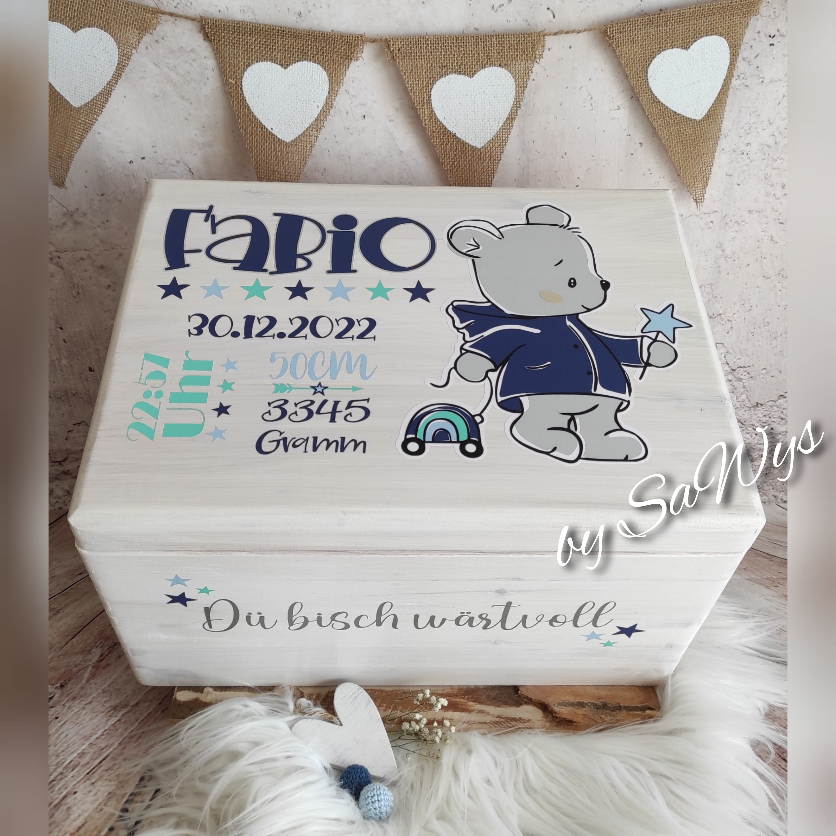 Erinnerungsbox Regenbogenbärchi weisse Lasur