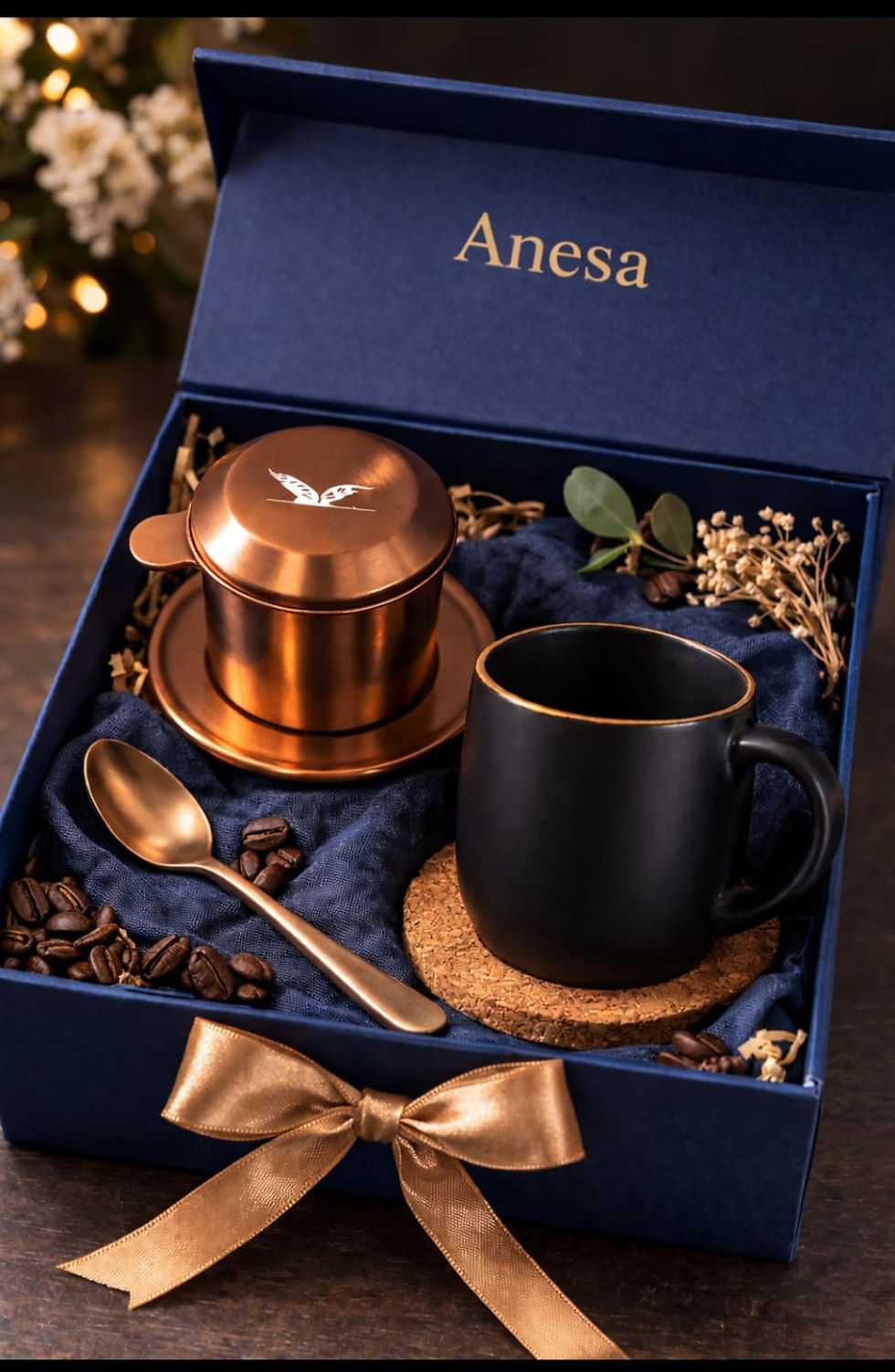 Close-up view of a custom corporate hamper with artisanal products