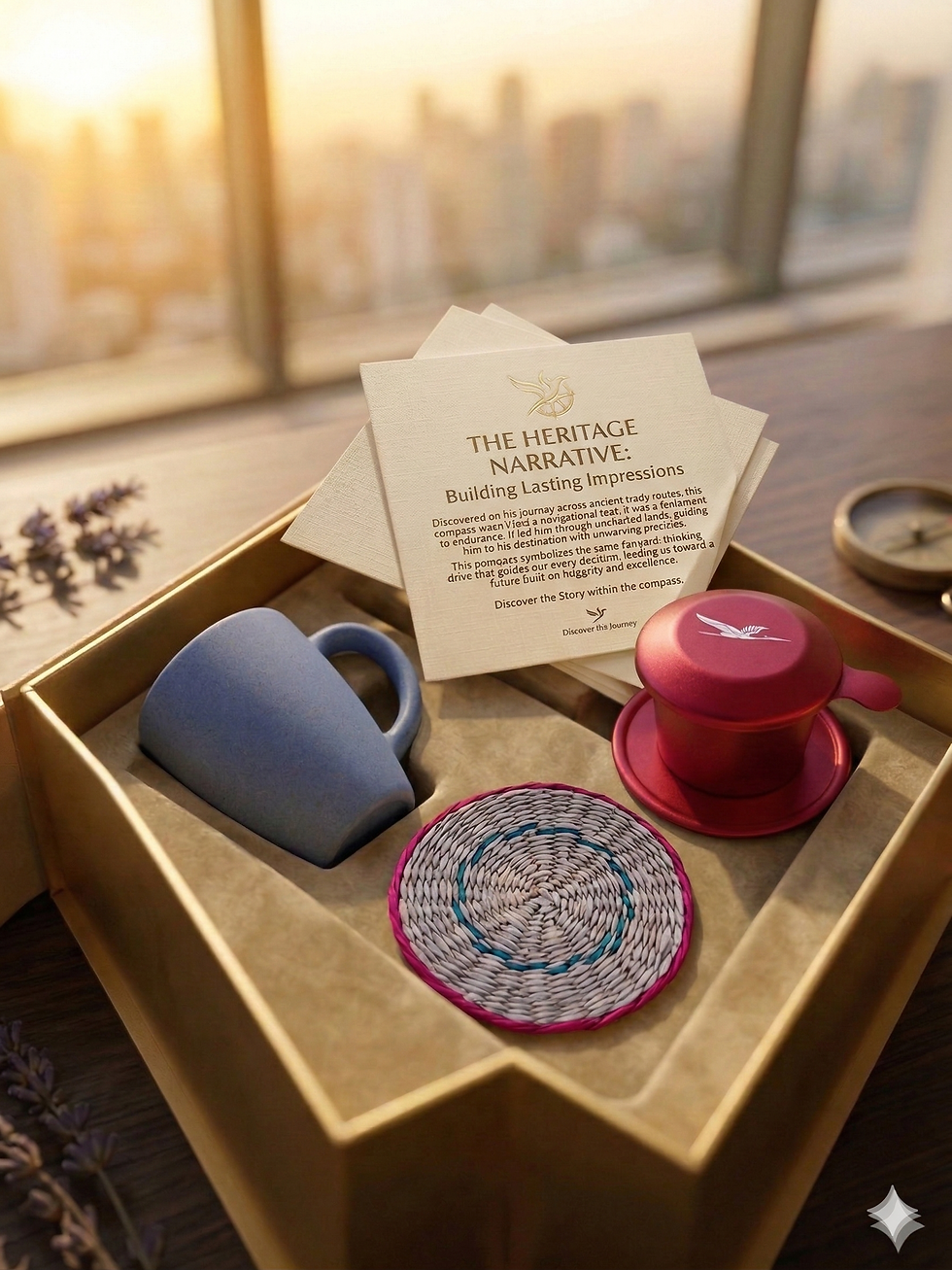 Close-up view of a sustainable onboarding kit with bamboo stationery and organic products