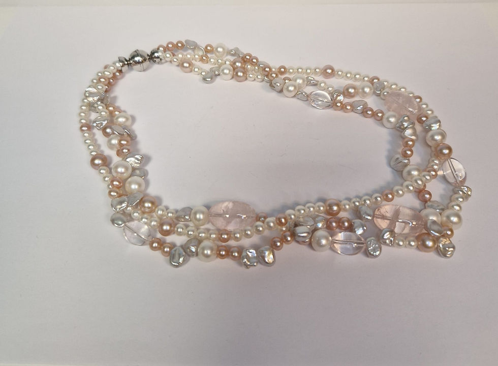 Thumbnail: Parelketting - parelsnoer - rose kwarts - zoetwaterparels - dames - uitverkoop J